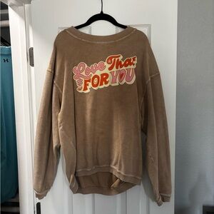 Tan Women's Crew Neck Sweater with Graphic Design